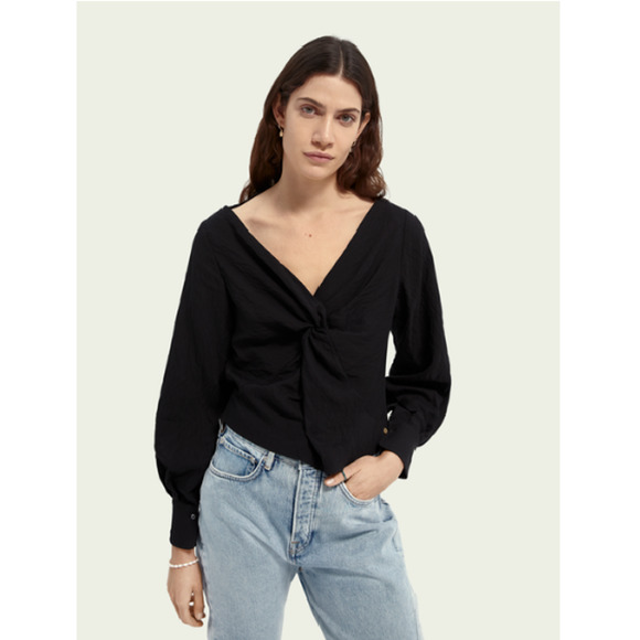 SCOTCH & SODA Women's Long Sleeve V-Neck Knotted Blouse Top Black M, $118 NWT - Picture 1 of 5